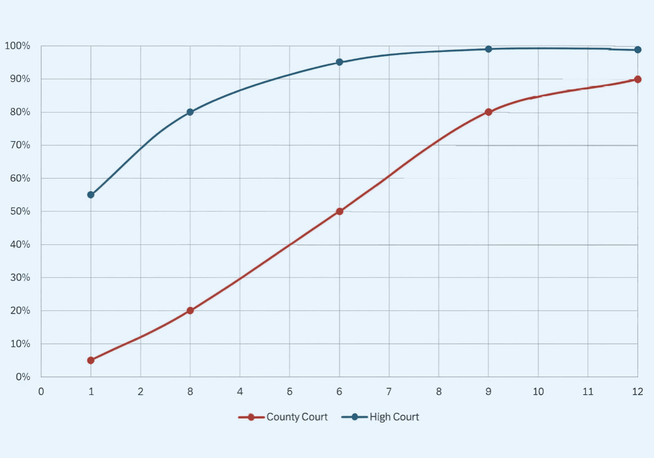 Graph comparing the percentage of evictions completed over 12 months between County Courts and High Courts.